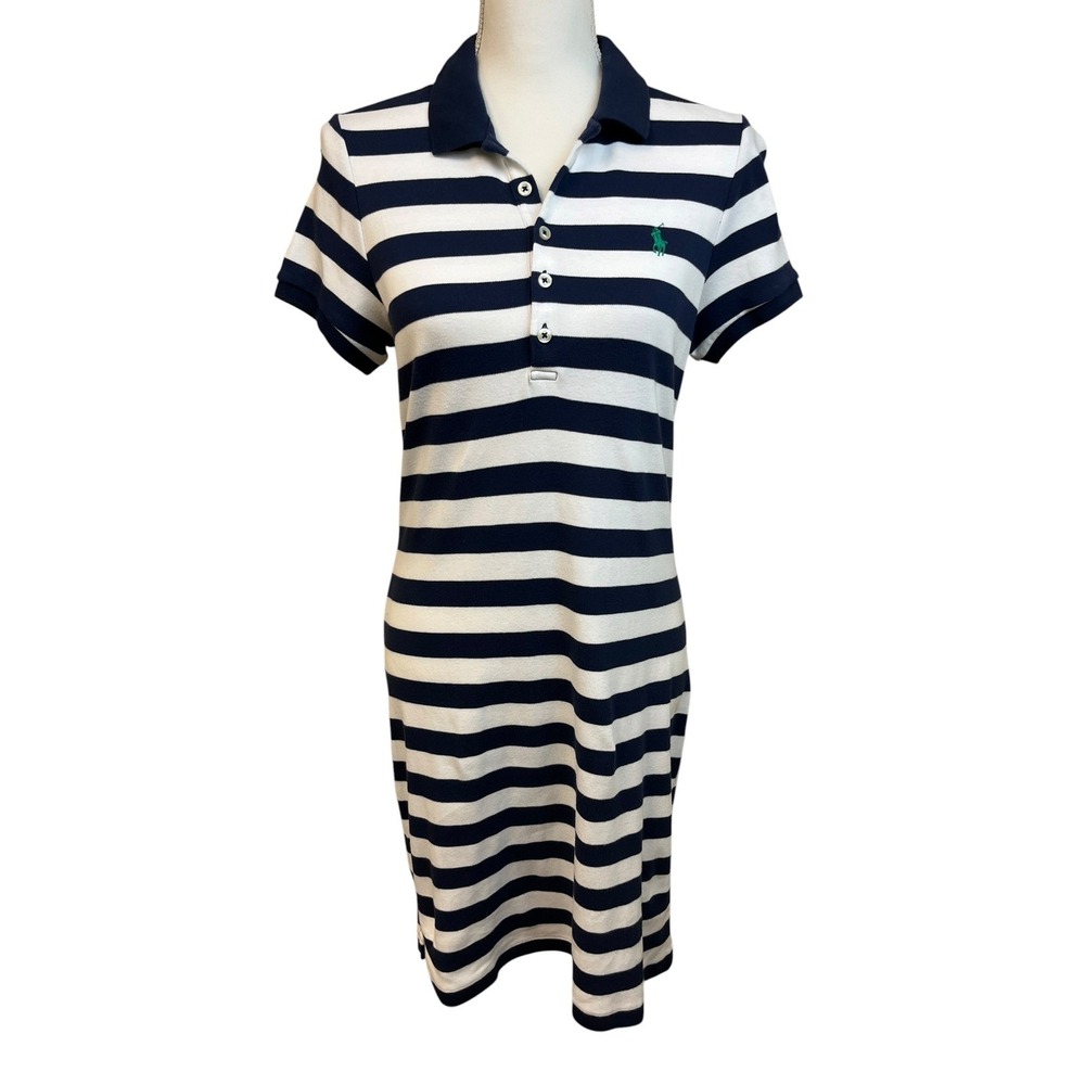 RALPH LAUREN Striped Polo Dress Sz M Blue White Preppy Tennis Back to School